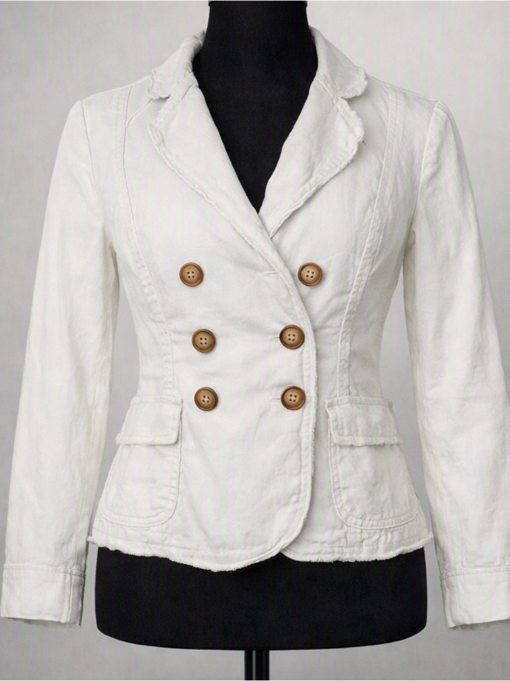 Sundance Cream White Double-Breasted Distressed Blazer with Button Pockets
